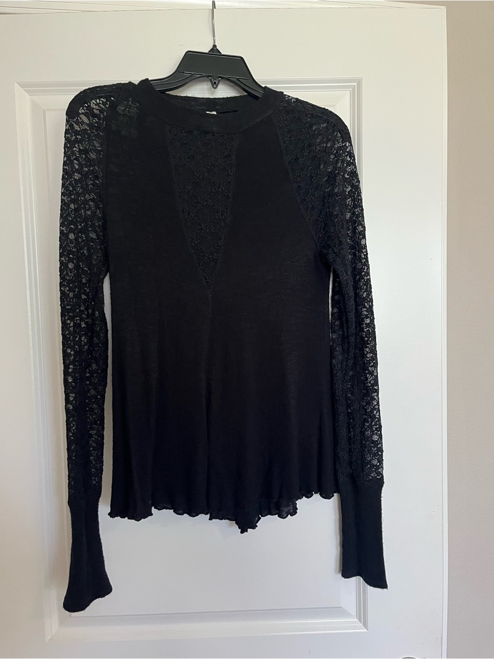 Free People Black Lace-Panel Long Sleeve Top
